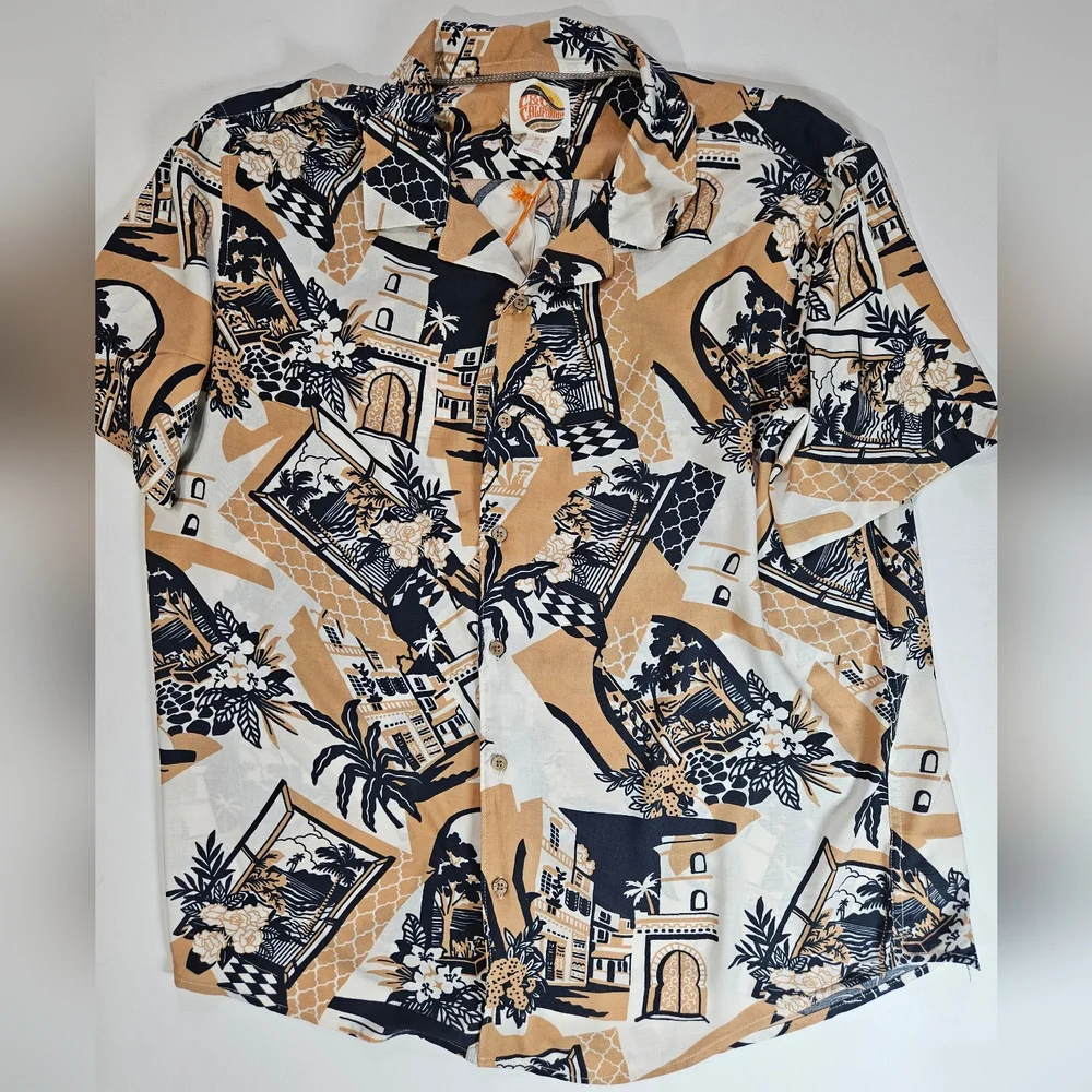 C&C California Mens Button Down Shirt XL Tan Navy Blue Hawaiian Tropical‎ Vaca